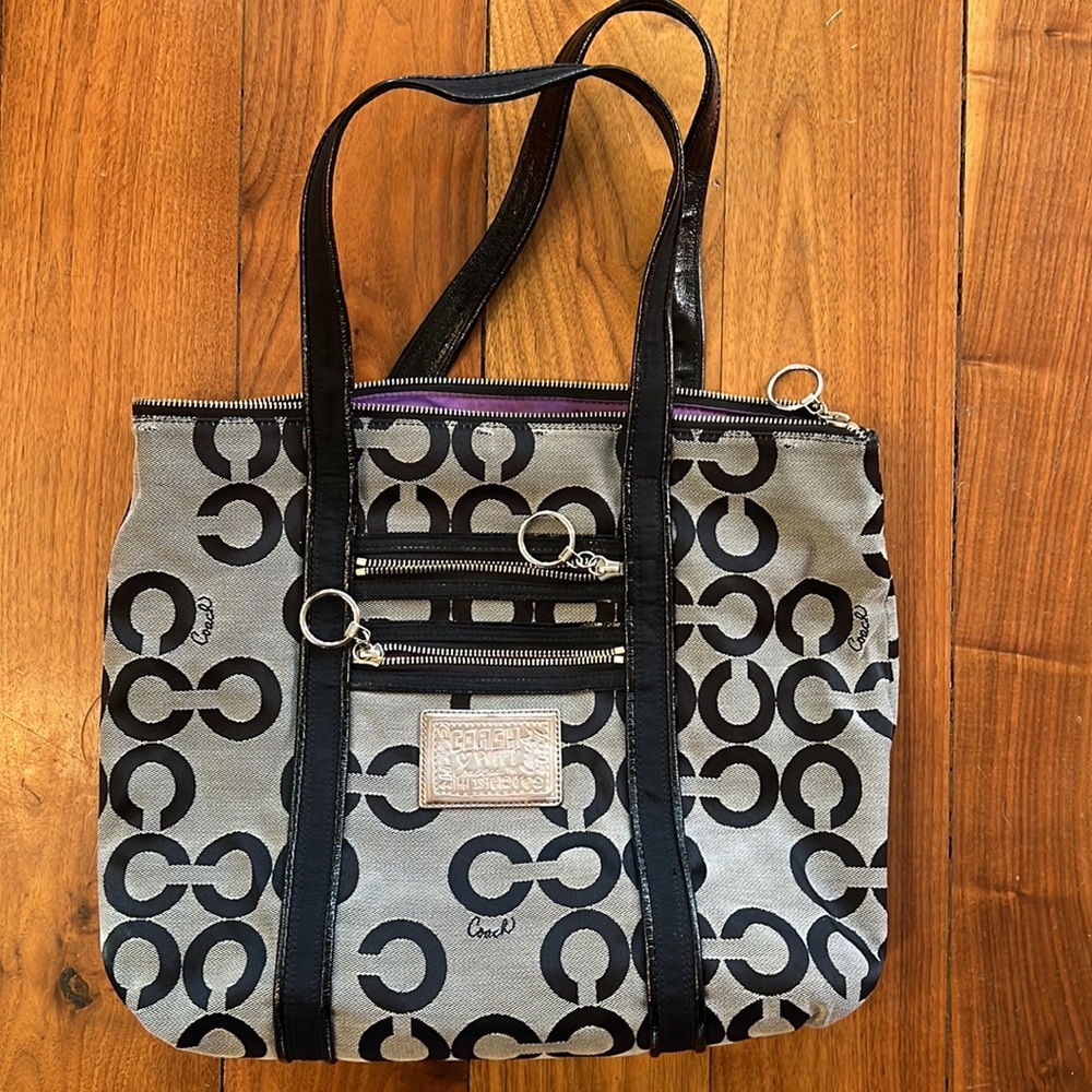 Coach Poppy Op Art Glam Tote Style 14530 in Black and Grey Signature C Pattern
